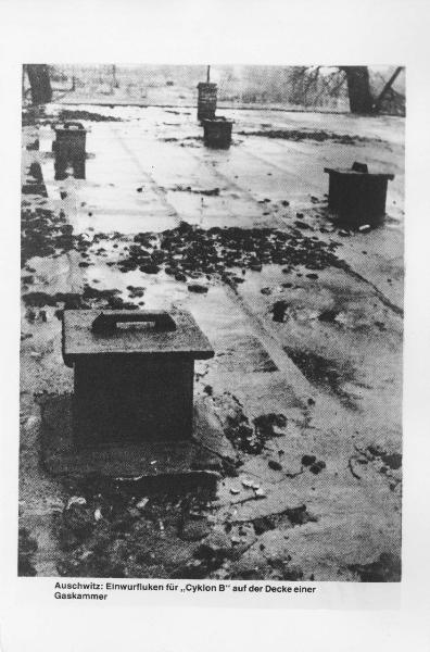 Seconda guerra mondiale - Nazismo - Polonia - Campo di concentramento di Auschwitz - Camera a gas, tetto - Portelli con apertura per versare il gas velenoso "Zyklon"