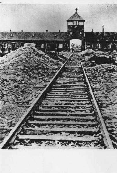 Nazismo - Polonia - Campo di concentramento / Campo di sterminio di Auschwitz-Birkenau - Ingresso - Porta - Edificio - Binario dei treni - Cumuli di detriti (?)