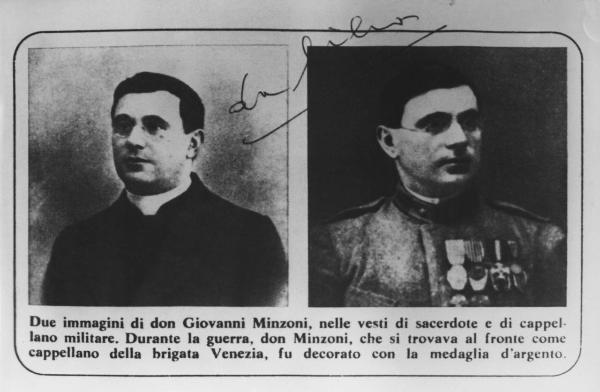 Ritratto maschile: Don Giovanni Minzoni con tunica da prete e abito militare, antifascista, perseguitato dal fascismo