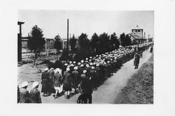 Seconda guerra mondiale - Nazismo - Germania - Campo di concentramento di Ravensbrück - Veduta dall'alto - Kommando: donne prigioniere con tunica a strisce ("zebrate") in fila di ritorno al campo dopo i lavori forzati