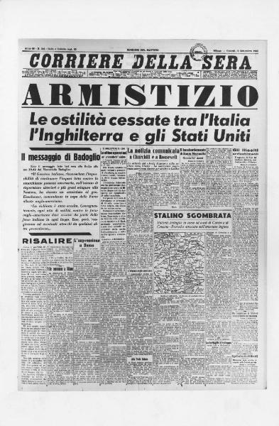 Prima pagina del quotidiano "Corriere della Sera" del 09/09/1943 - Armistizio di Cassibile firmato dal governo Badoglio con gli Alleati della seconda guerra mondiale