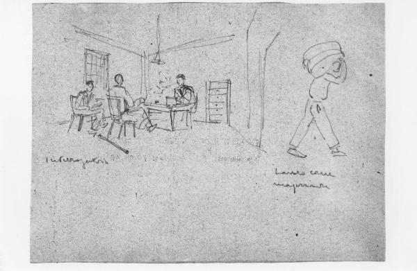 Disegno a matita di Lodovico Belgiojoso - Interrogatorio. Lavoro come magazziniere - 1944 - Milano, Raccolte della famiglia Belgiojoso - Carcere di San Vittore - Ufficio, interno - Interrogatorio da parte di due SS