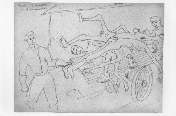 Disegno a matita di Lodovico Belgiojoso - Gusen. Il carretto per il crematorio - 1944-1945 - Milano, Raccolte della famiglia Belgiojoso - Campo di concentramento di Mauthausen-Gusen - Nazismo - Carretto con cumulo di cadaveri nudi