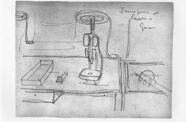 Disegno a matita di Lodovico Belgiojoso - Il mio posto di lavoro a Gusen - 1944-1945 - Milano, Raccolte della famiglia Belgiojoso - Campo di concentramento di Mauthausen-Gusen - Nazismo - Officina, interno - Macchine da lavoro