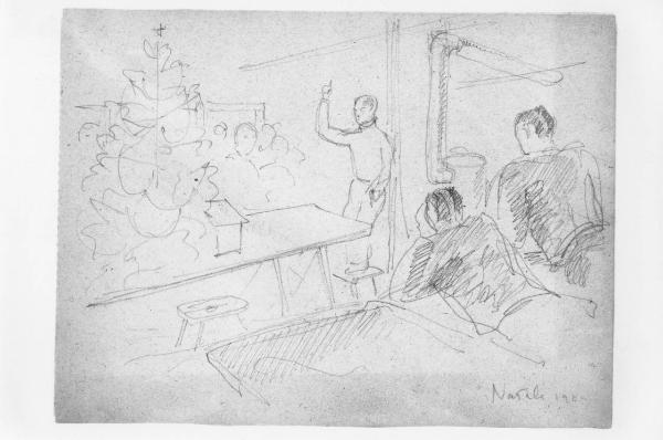 Disegno a matita di Lodovico Belgiojoso - Natale 1944 - 1944 - Milano, Raccolte della famiglia Belgiojoso - Campo di concentramento di Mauthausen-Gusen - Nazismo - Baracca, interno - Albero di natale - Deportati prigionieri