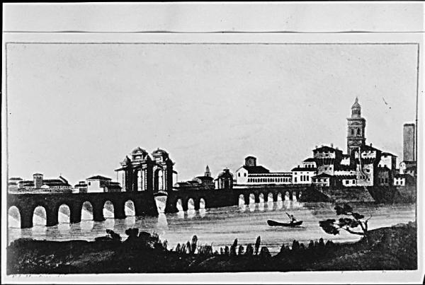 Incisione - Ponte di San Giorgio e Castello vecchio in Mantova