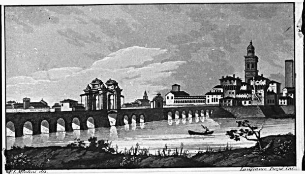 Incisione - Ponte di S. Giorgio e Castello vecchio in Mantova