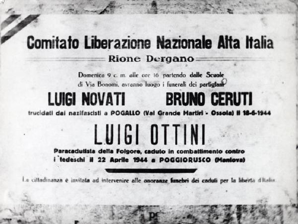 Milano - Comitato Liberazione Nazionale Alta Italia - Avviso funerali partigiani - Quartiere Dergano