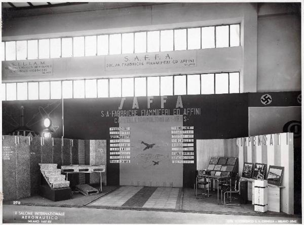 Fiera di Milano - Salone internazionale aeronautico 1937 - Settore accessori, strumenti e materie prime lavorate e semilavorate - Stand della SAFFA (Soc. An. Fabbriche fiammiferi e affini)