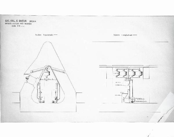 VI sezione Ernesto Breda - Brescia - Via Lunga - Stabilimento industriale - Disegno tecnico - Tavola progettuale con vista in sezione trasversale e longitudinale - Rifugio ricovero antiaereo - Impianti antigas