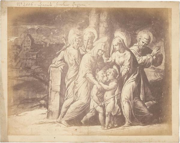 Bottega di Raffaello? - Sacra Famiglia con santa Elisabetta, san Giovannino e due santi, paesaggio sullo sfondo a sinistra - Disegno