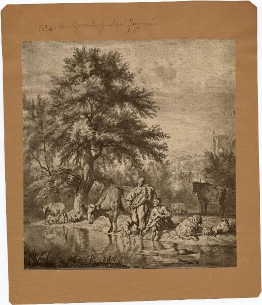 Velde, Adriaen van de - Paesaggio con contadina, pastore e gregge lungo un fiume - Disegno - Vienna - Albertina