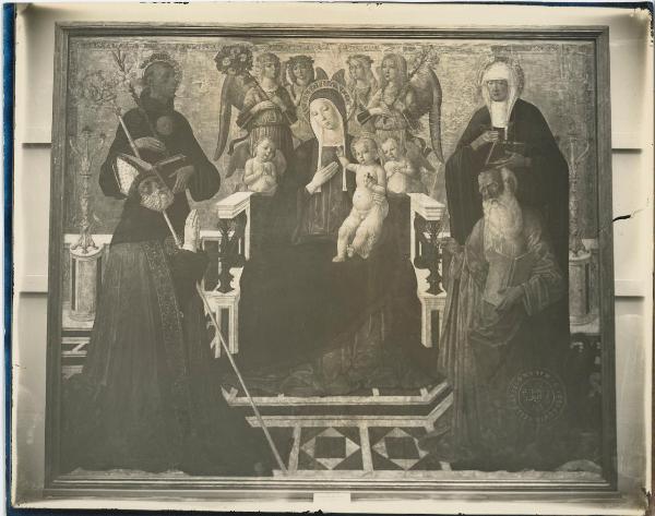 Girolamo di Benvenuto detto Girolamo del Guasta - Madonna con Bambino in trono tra san Nicola da Tolentino, sant'Agostino, santa Monica e san Giovanni Evangelista - Dipinto su tavola trasportata su tela