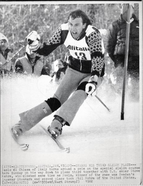 Sport invernali - Sci alpino - Slalom speciale maschile - Kitzbuehel (Austria) - Coppa del mondo di sci alpino 1982 - Paolo De Chiesa in azione