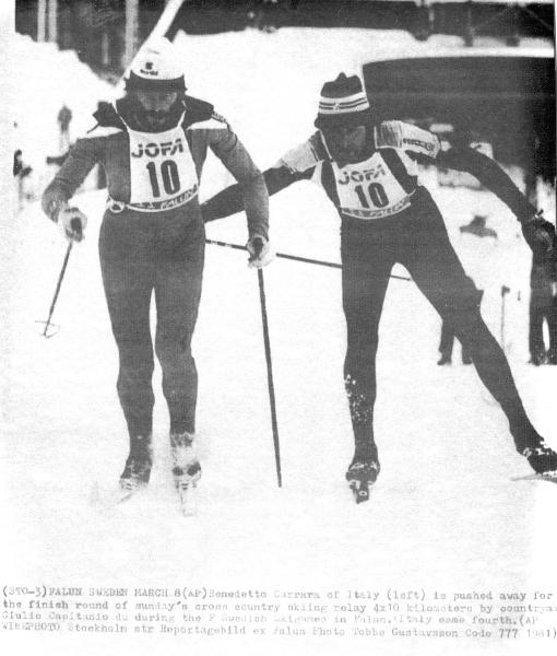 Sport invernali - Sci di fondo maschile - Falun (Svezia) - Svenska skidspelen 1981 - Staffetta 4x10 km - Giulio Capitanio spinge il compagno Benedetto Carrara