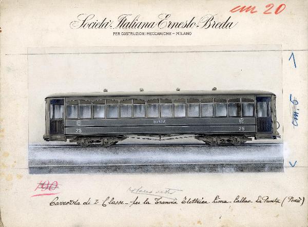 Ernesto Breda (Società) - Carrozza n.25 di prima classe per la Tramvia Elettrica Lima- Callao- La Punta (Perù)