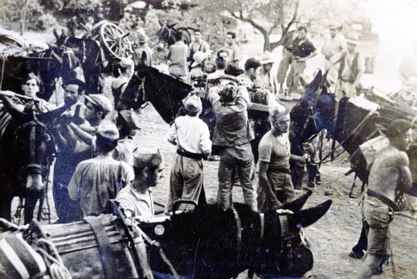Fiume Ebro (Spagna) - Guerra civile spagnola - Offensiva dell'Ebro - Trasporto di materiale bellico - Soldati repubblicani caricano i muli