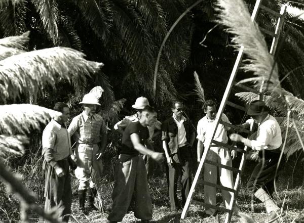 Sul set del film "Giungla" - Malasomma, Nunzio, 1942 - Si monta il set. Al centro, il regista Nunzio Malasomma mentre guarda gli