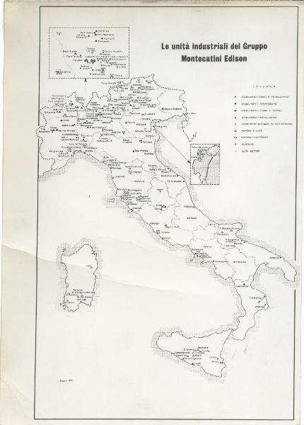 Riproduzione di disegno - Cartina dell'Italia - Le unità industriali del gruppo Montecatini Edison