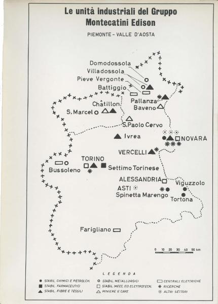 Riproduzione di disegno - Cartina Piemonte-Valle d'Aosta - Le unità industriali del gruppo Montecatini Edison