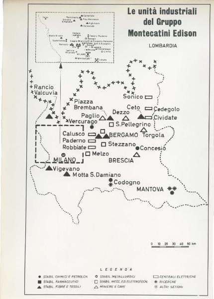 Riproduzione di disegno - Cartina della Lombardia - Le unità industriali del gruppo Montecatini Edison
