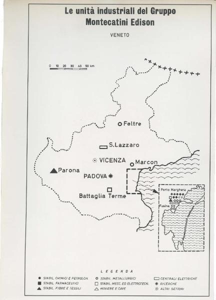 Riproduzione di disegno - Cartina del Veneto - Le unità industriali del gruppo Montecatini Edison