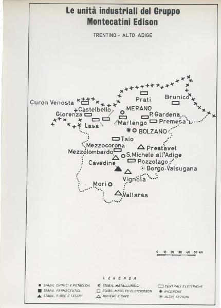 Riproduzione di disegno - Cartina del Trentino alto Adige - Le unità industriali del gruppo Montecatini Edison