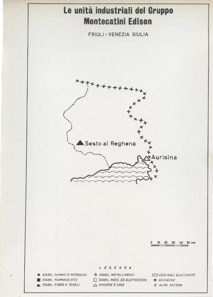 Riproduzione di disegno - Cartina del Friuli Venezia Giulia - Le unità industriali del gruppo Montecatini Edison