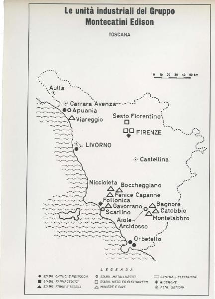 Riproduzione di disegno - Cartina della Toscana - Le unità industriali del gruppo Montecatini Edison