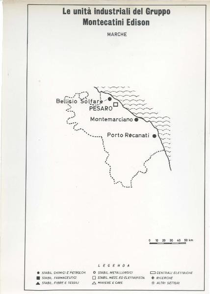 Riproduzione di disegno - Cartina delle Marche - Le unità industriali del gruppo Montecatini Edison