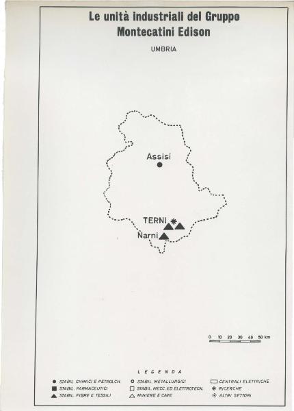 Riproduzione di disegno - Cartina dell'Umbria - Le unità industriali del gruppo Montecatini Edison