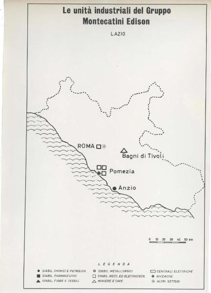 Riproduzione di disegno - Cartina del Lazio - Le unità industriali del gruppo Montecatini Edison