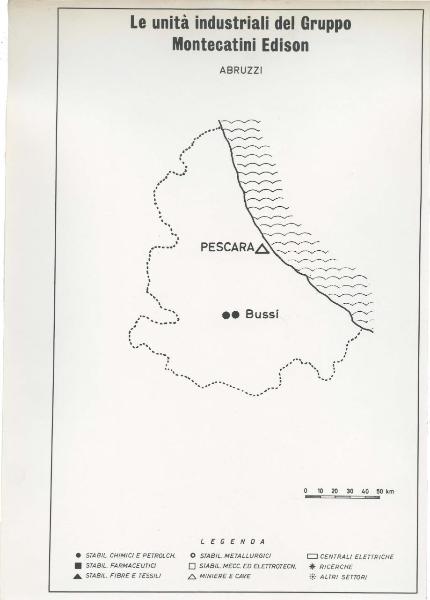 Riproduzione di disegno - Cartina degli Abruzzi - Le unità industriali del gruppo Montecatini Edison