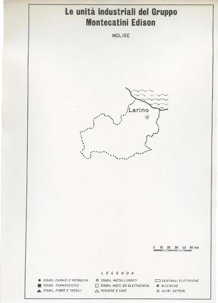 Riproduzione di disegno - Cartina del Molise - Le unità industriali del gruppo Montecatini Edison