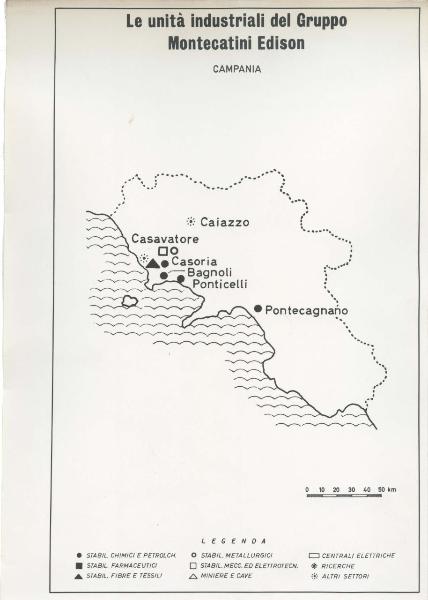 Riproduzione di disegno - Cartina della Campania - Le unità industriali del gruppo Montecatini Edison