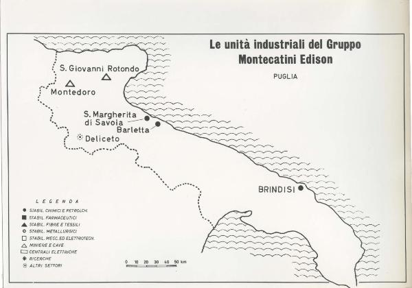 Riproduzione di disegno - Cartina della Puglia - Le unità industriali del gruppo Montecatini Edison