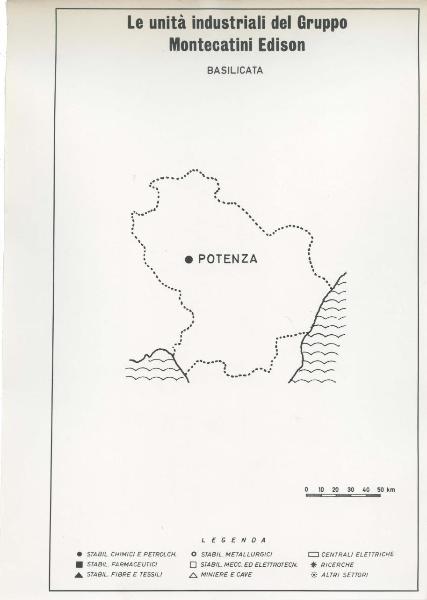 Riproduzione di disegno - Cartina della Basilicata - Le unità industriali del gruppo Montecatini Edison