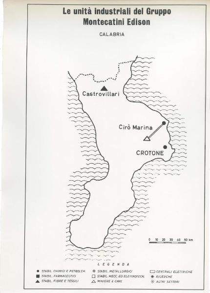 Riproduzione di disegno - Cartina della Calabria - Le unità industriali del gruppo Montecatini Edison