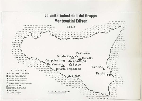 Riproduzione di disegno - Cartina della Sicilia - Le unità industriali del gruppo Montecatini Edison