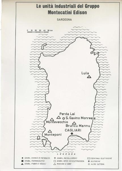 Riproduzione di disegno - Cartina della Sardegna - Le unità industriali del gruppo Montecatini Edison