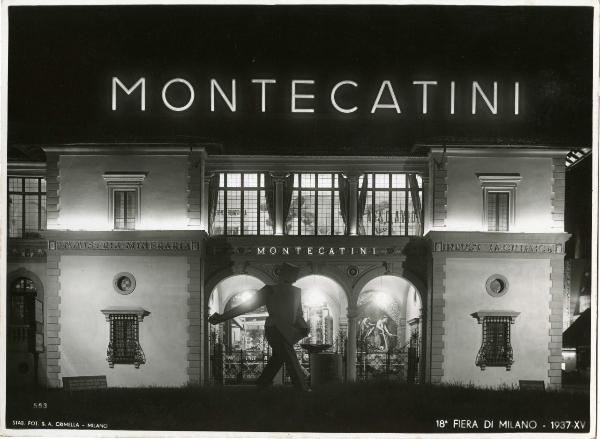 Milano - Fiera campionaria del 1937 - Padiglione Montecatini - Esterno - Scritta al neon - Statua
