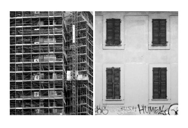 Dittico - Milano - Zona Varesine - piazza Alvar Aalto - Edifici residenziali - Facciate - Cantieri edili - Impalcature - Muri - Graffiti - Finestre - Serramenti