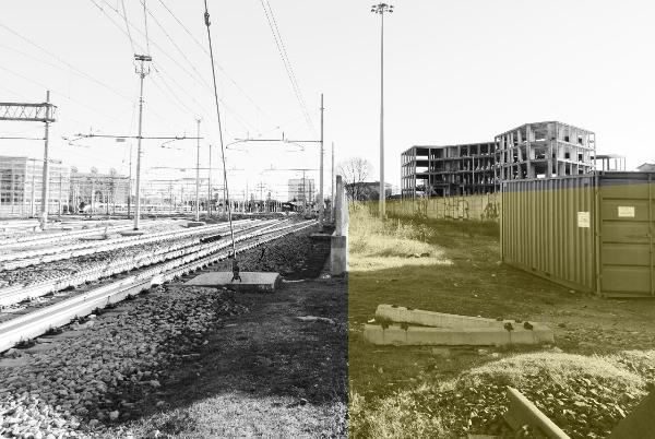 Milano - Scali ferroviari - Scalo Rogoredo - Aree, costruzioni e materiali di servizio - Container - Recinzione e muro di cinta - Binari - Pali per linee elettriche - Palazzi ed edificio in costruzione