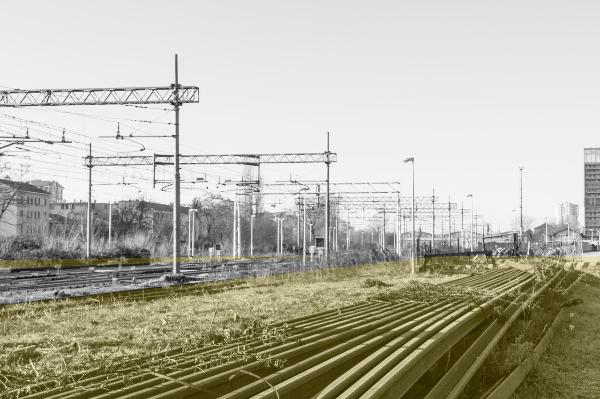 Milano - Scali ferroviari - Scalo San Cristoforo - Aree e materiali di servizio - Travi a doppia T in acciaio per rotaie - Binari - Pali per linee elettriche - Lampioni - Vegetazione - Edifici