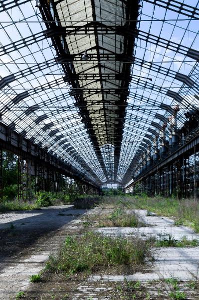 Milano - Lambrate - Ex Innocenti - Capannoni industriali - Navata in struttura metallica - Pavimentazione - Vegetazione spontanea