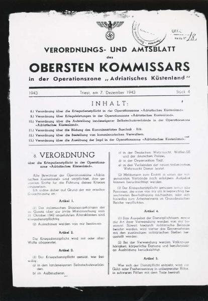 Ordinanza, in tedesco, dell'Alto Commissario del Litorale Adriatico, Trieste 7 dicembre 1943 - Nazismo - Comunicazione - Stemma nazista