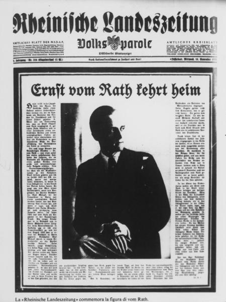 Prima pagina del quotidiano "Rheinische Landeszeitung. Volks parole" 16/11/1938, giornale del NSDP di Düsseldorf - Commemorazione del diplomatico tedesco Ernst vom Rath ucciso in Francia dal rifugiato ebreo polacco Herschel Grünspan (o Grynszpan)