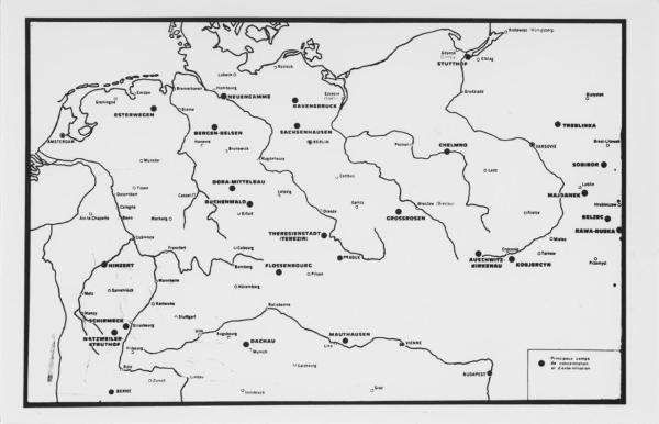 Piantina topografica - Nord europa - Indicazione dei campi di concentramento e di sterminio principali tra il 1933 e il 1945 - Seconda guerra mondiale - Nazismo