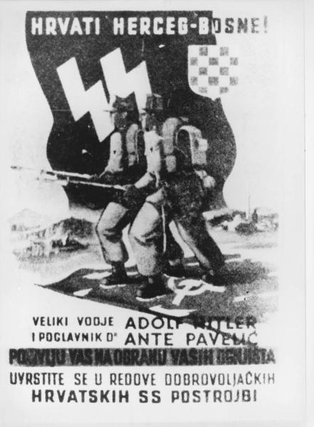 Manifesto di propaganda nazista - Seconda guerra mondiale - Invito ai croati della Bosnia-Erzegovina ad arruolarsi nelle SS musulmane comandate da Ante Pavelic - Illustrazione con SS che calpestano la bandiera comunista, sullo sfondo bandiera SS
