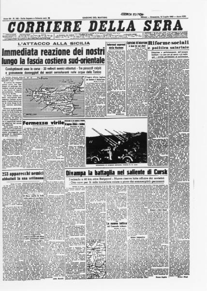 Prima pagina del quotidiano "Corriere della Sera" del 11/07/1943 - Seconda guerra mondiale - Sbarco degli alleati in Sicilia